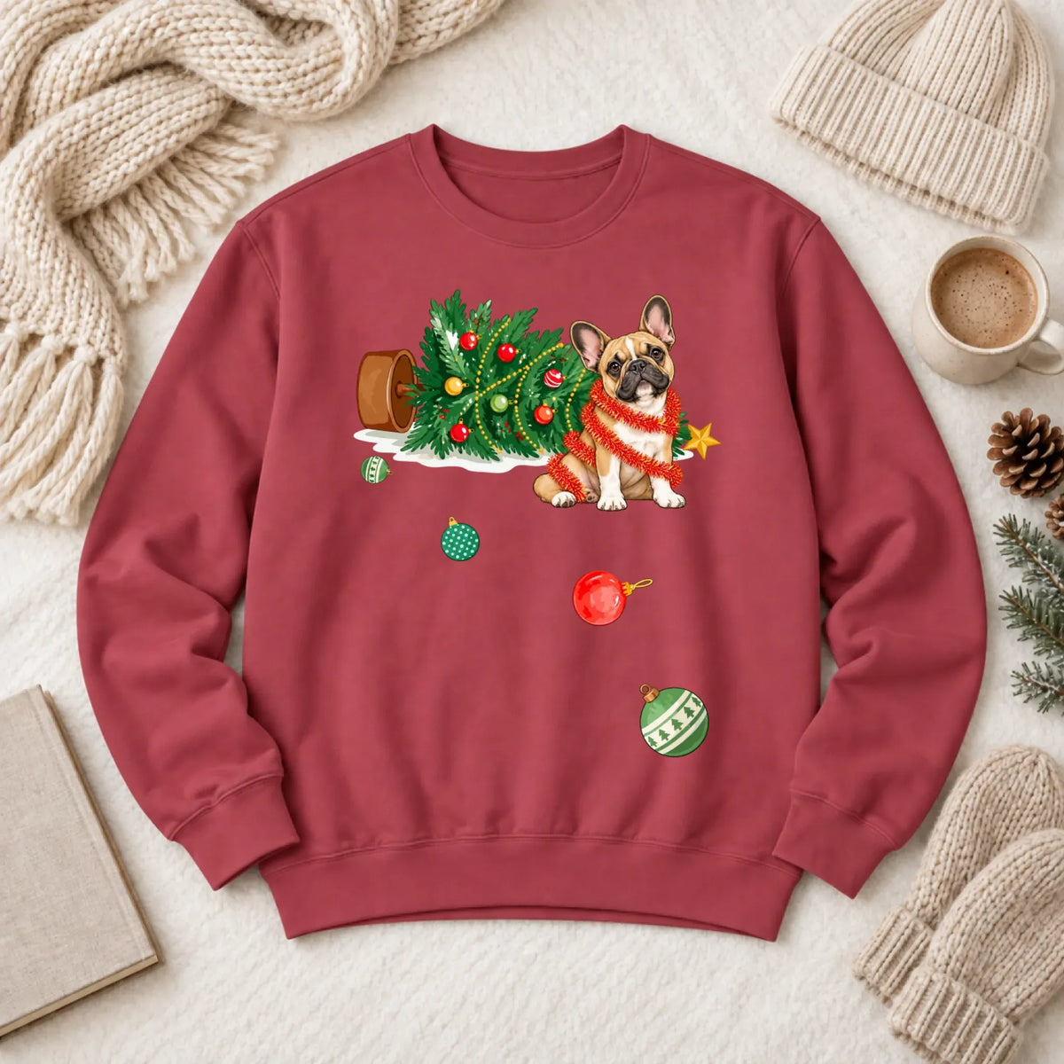 Customizer 1466 LW Sweatshirt Dark / Crimson / S Custom Frenchie Funny Christmas Tree Unisex Sweatshirt