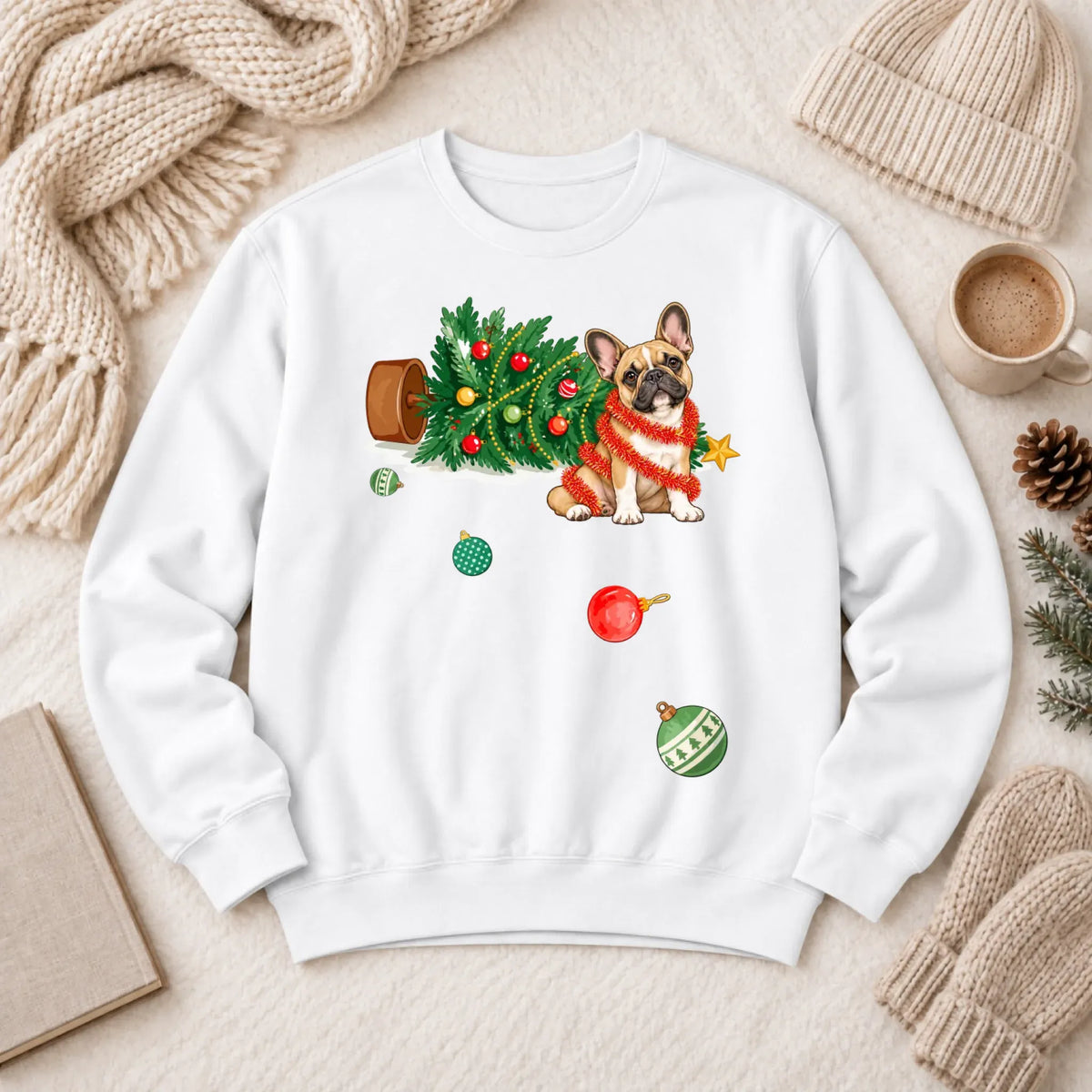 Customizer 1466 LW Sweatshirt Light / White / S Custom Frenchie Funny Christmas Tree Unisex Sweatshirt
