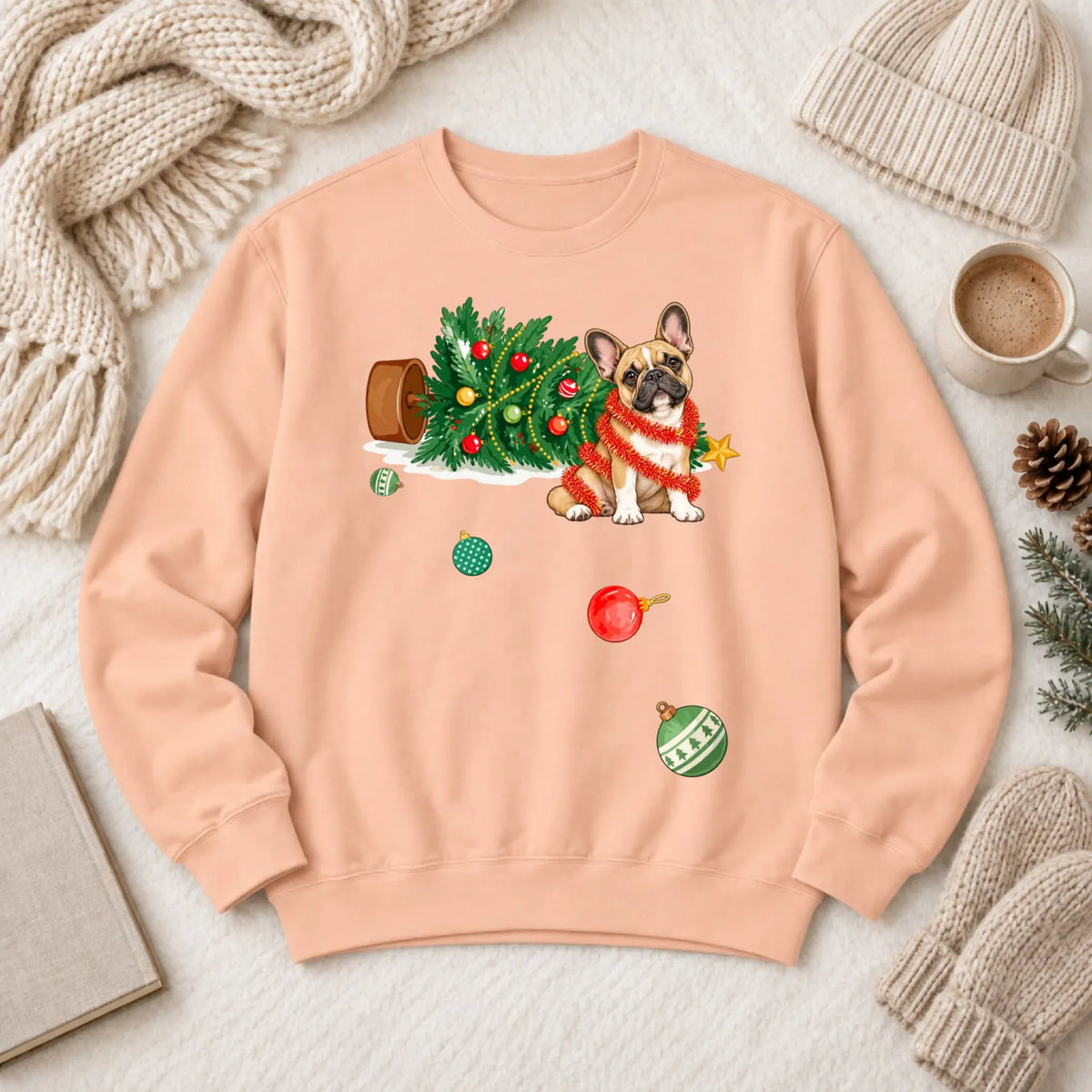 Customizer 1466 LW Sweatshirt Light / Peachy / S Custom Frenchie Funny Christmas Tree Unisex Sweatshirt