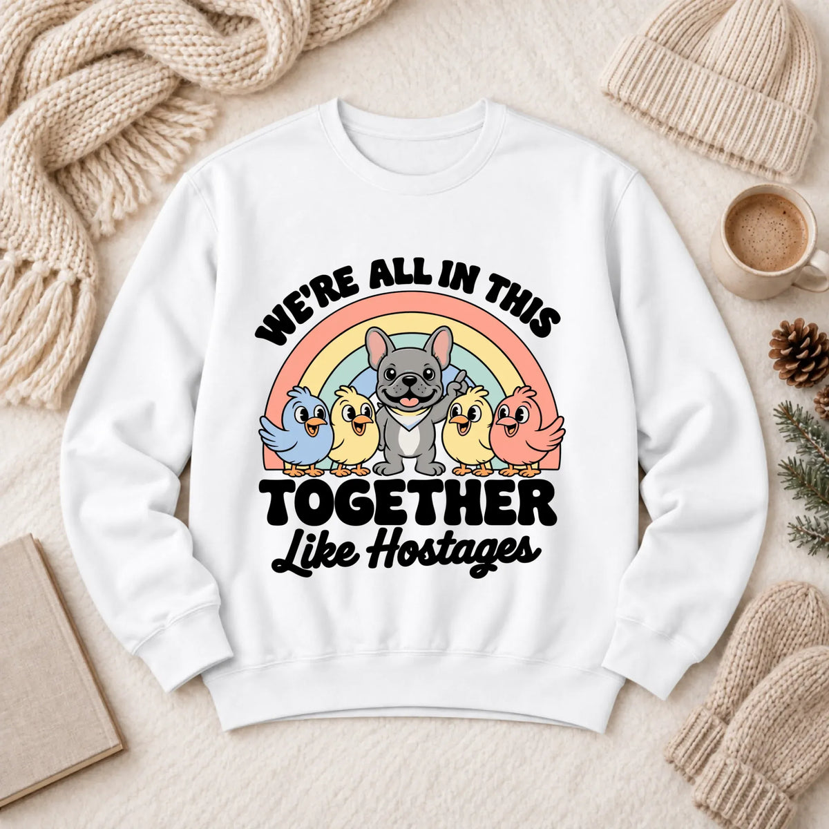 Custom Frenchie Funny Hostage Situation Unisex Sweatshirt White