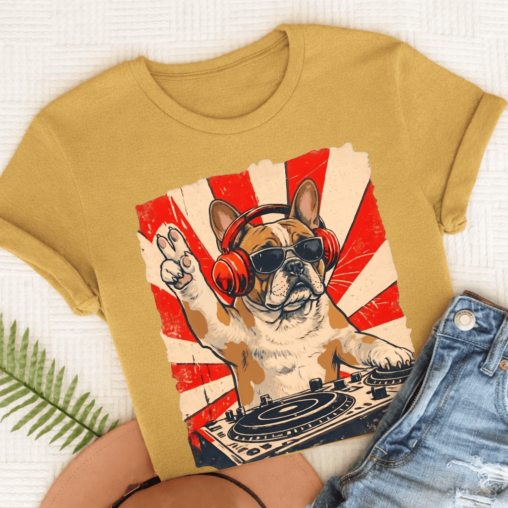 Custom Frenchie Funny Music DJ Unisex TShirt Mustard