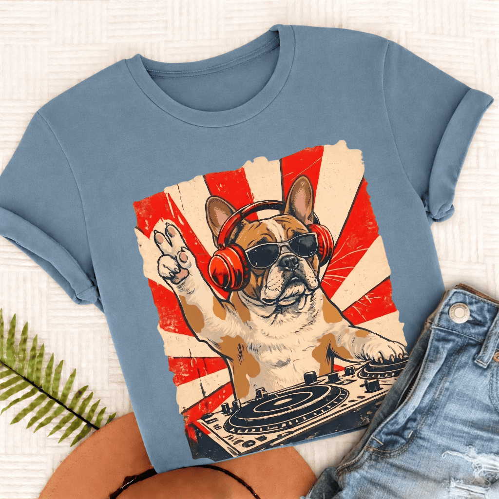 Custom Frenchie Funny Music DJ Unisex TShirt Ice Blue