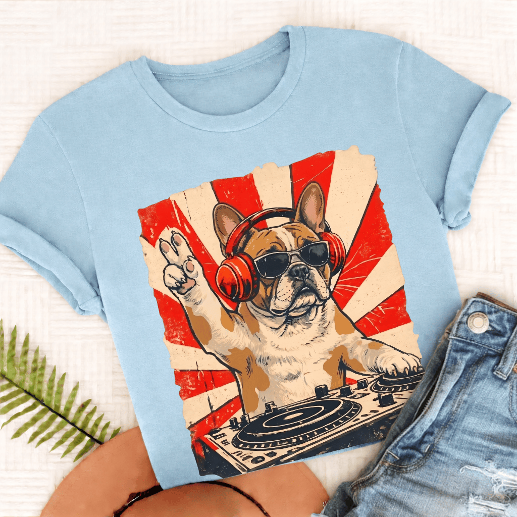 Custom Frenchie Funny Music DJ Unisex TShirt Chambray