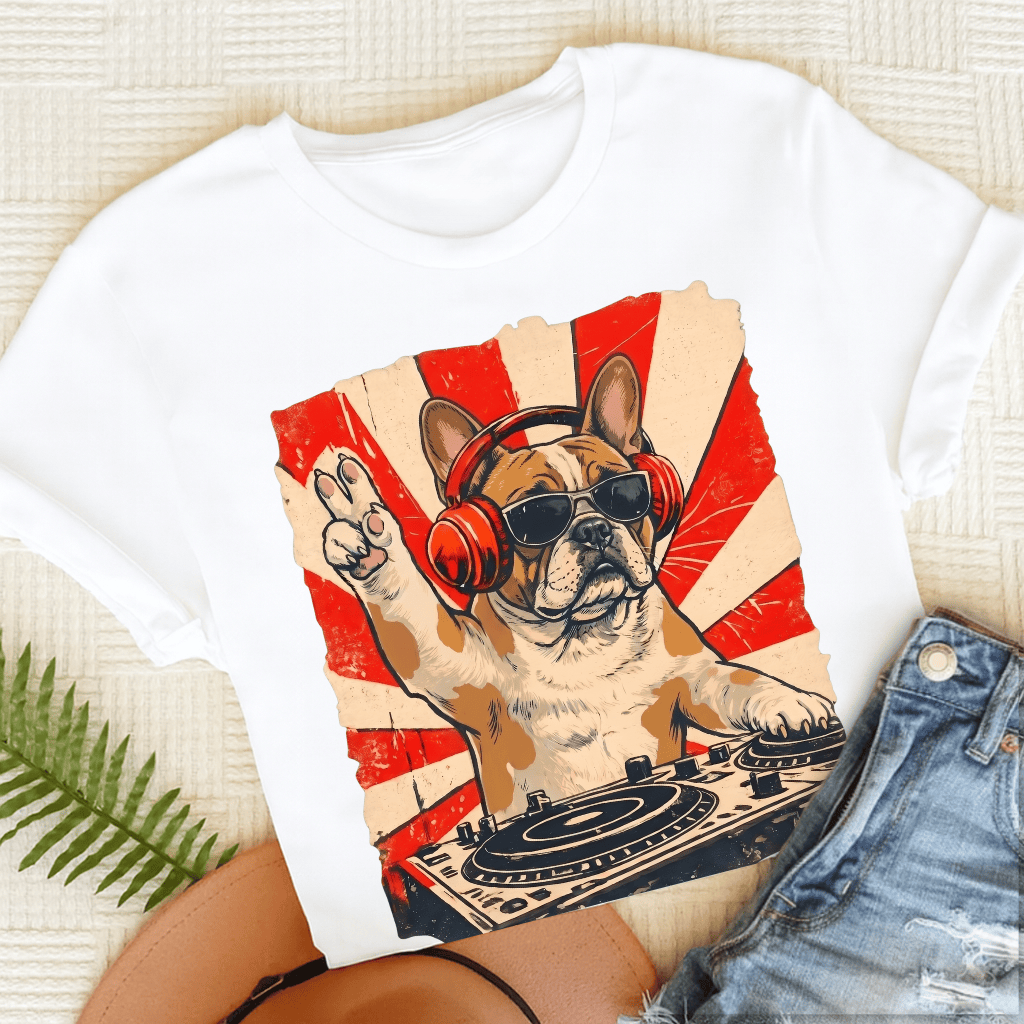 Custom Frenchie Funny Music DJ Unisex TShirt White