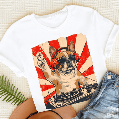 Custom Frenchie Funny Music DJ Unisex TShirt White