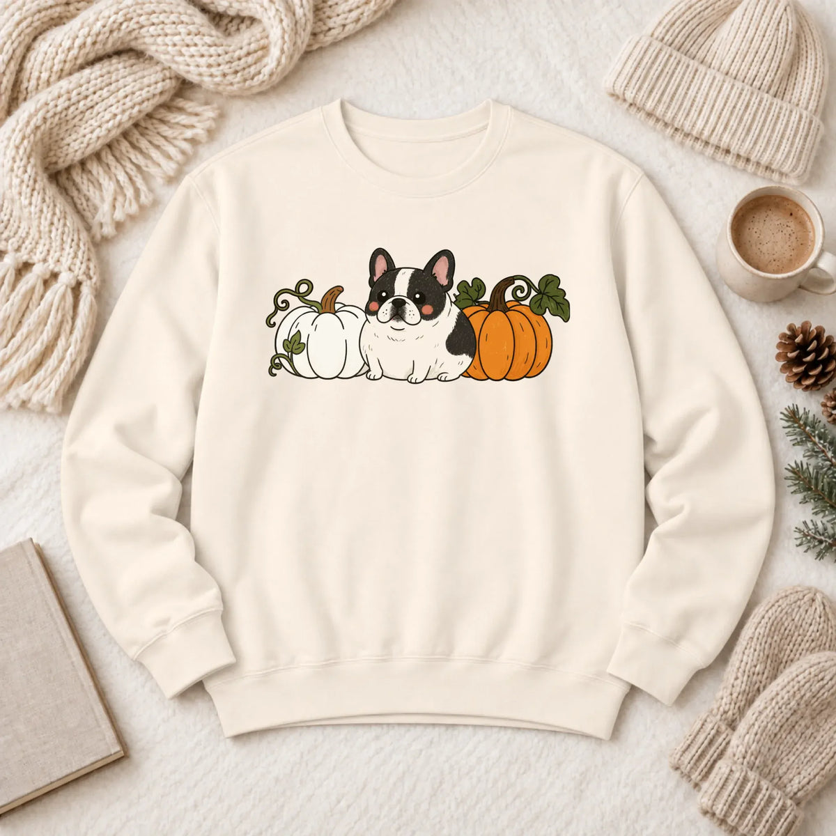 Custom Frenchie Funny Pumpkin Fall Unisex Sweatshirt Ivory