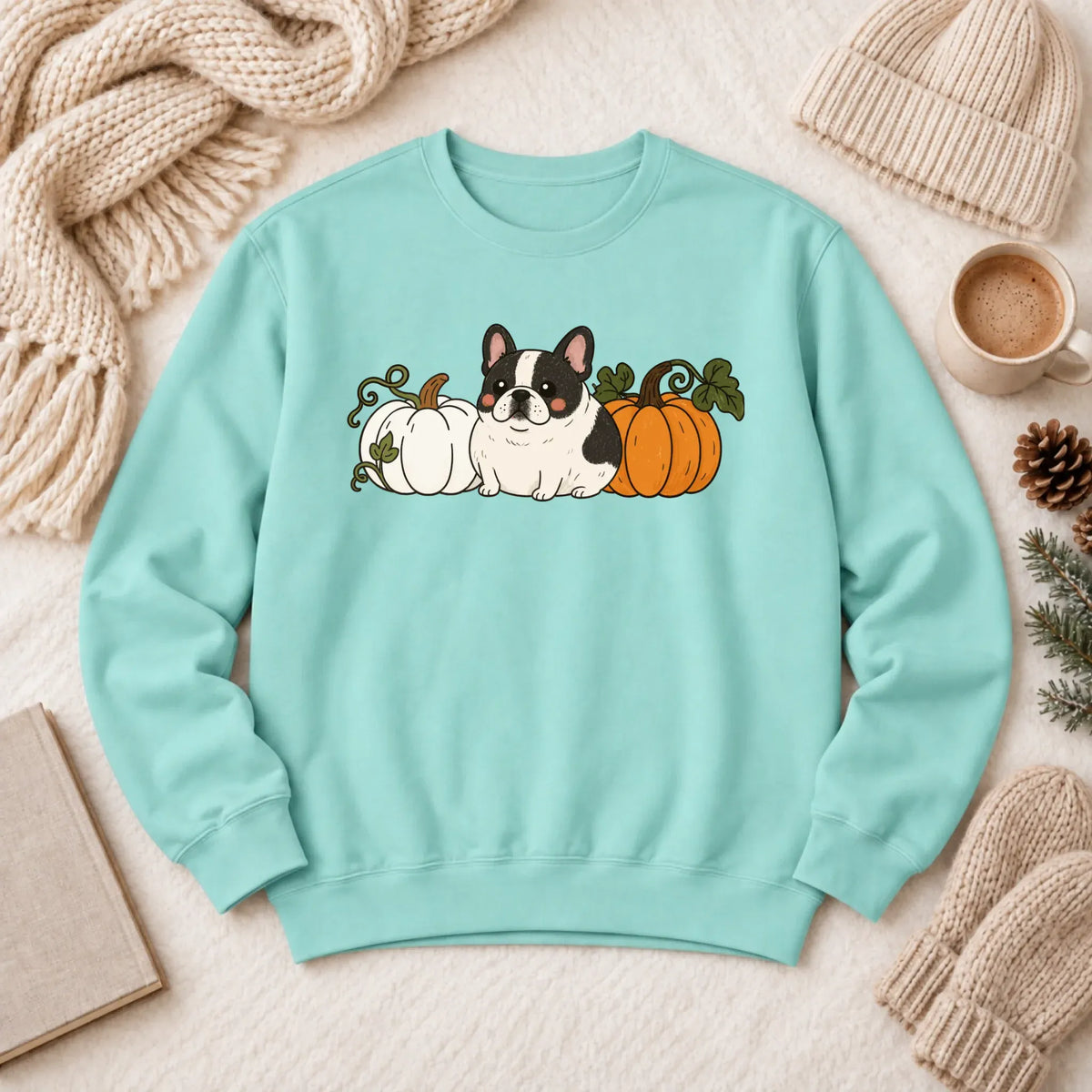 Custom Frenchie Funny Pumpkin Fall Unisex Sweatshirt Chalky Mint