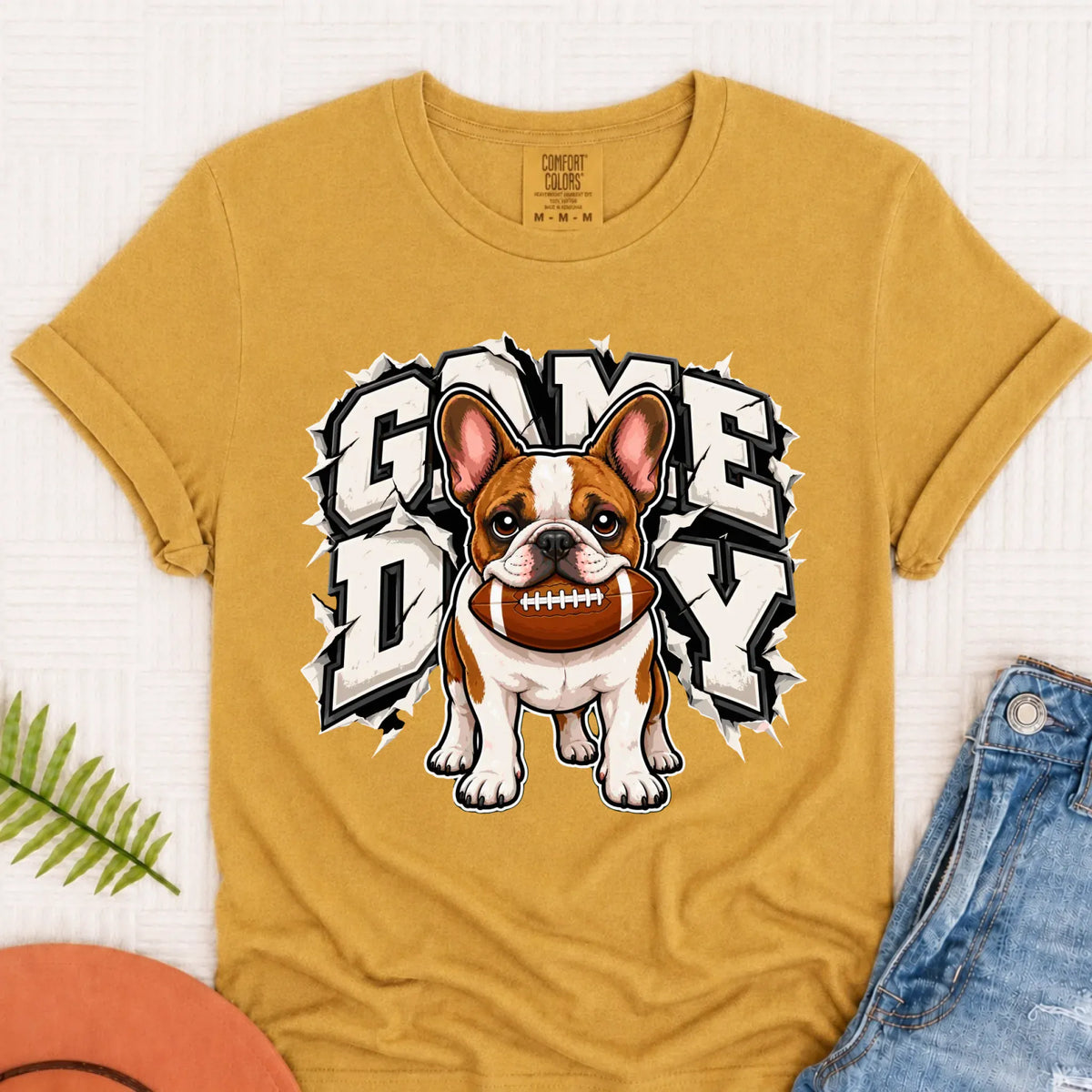 Custom Frenchie Game Day Football Unisex Tshirt Mustard