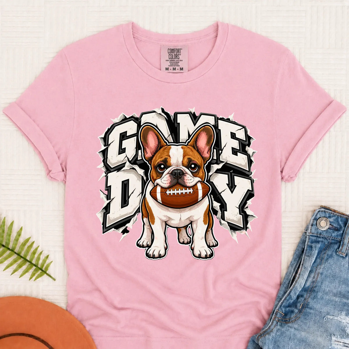 Custom Frenchie Game Day Football Unisex Tshirt Blossom