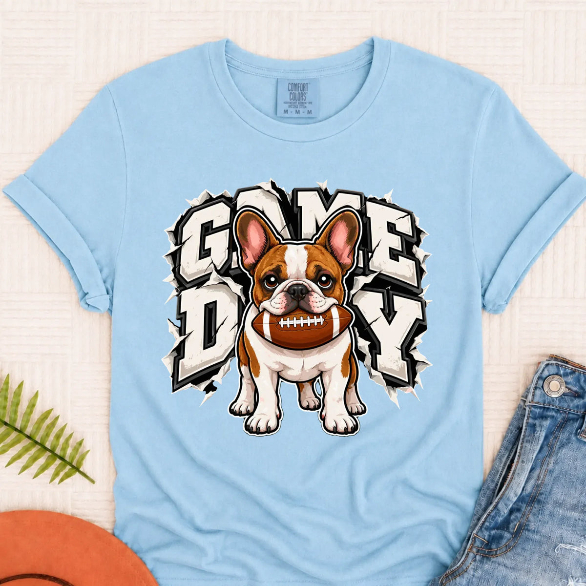 Custom Frenchie Game Day Football Unisex Tshirt Chambray