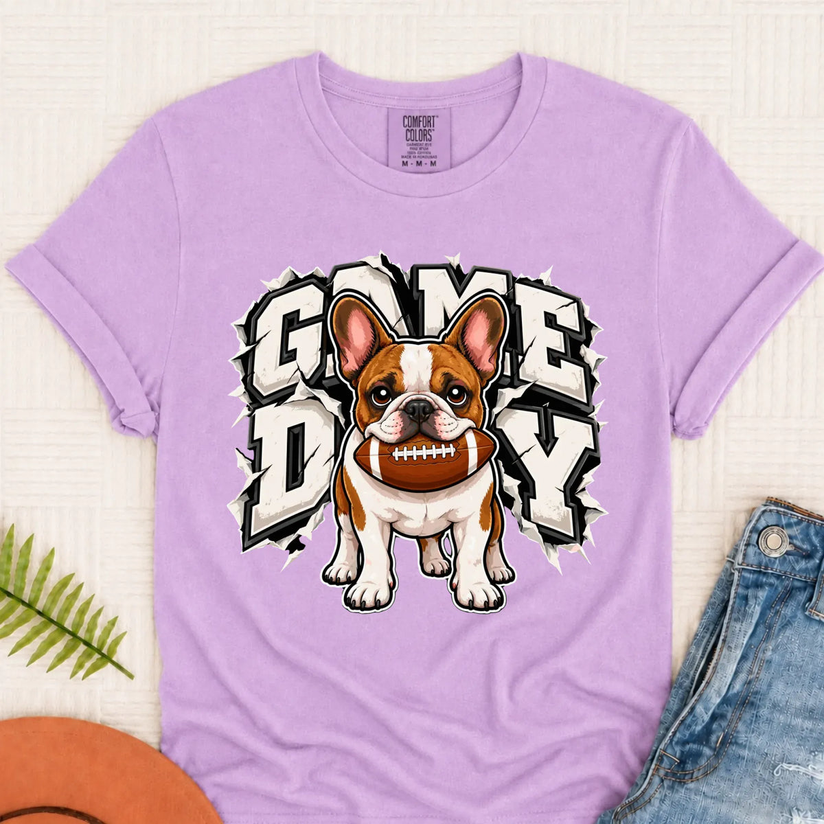 Custom Frenchie Game Day Football Unisex Tshirt Orchid