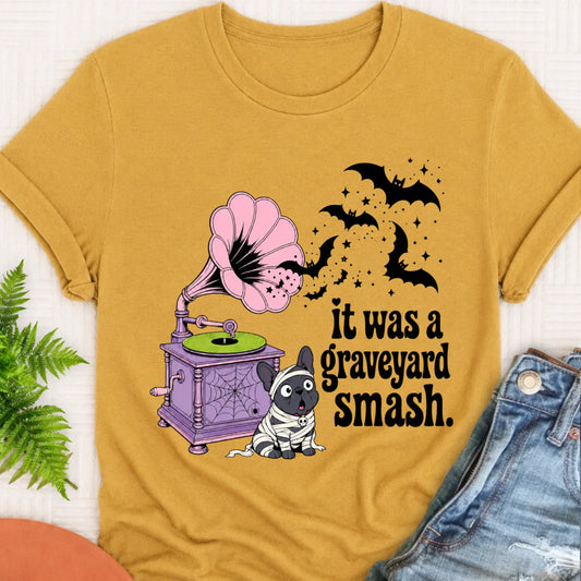 Custom Frenchie Halloween Graveyard Smash Unisex Tshirt Mustard