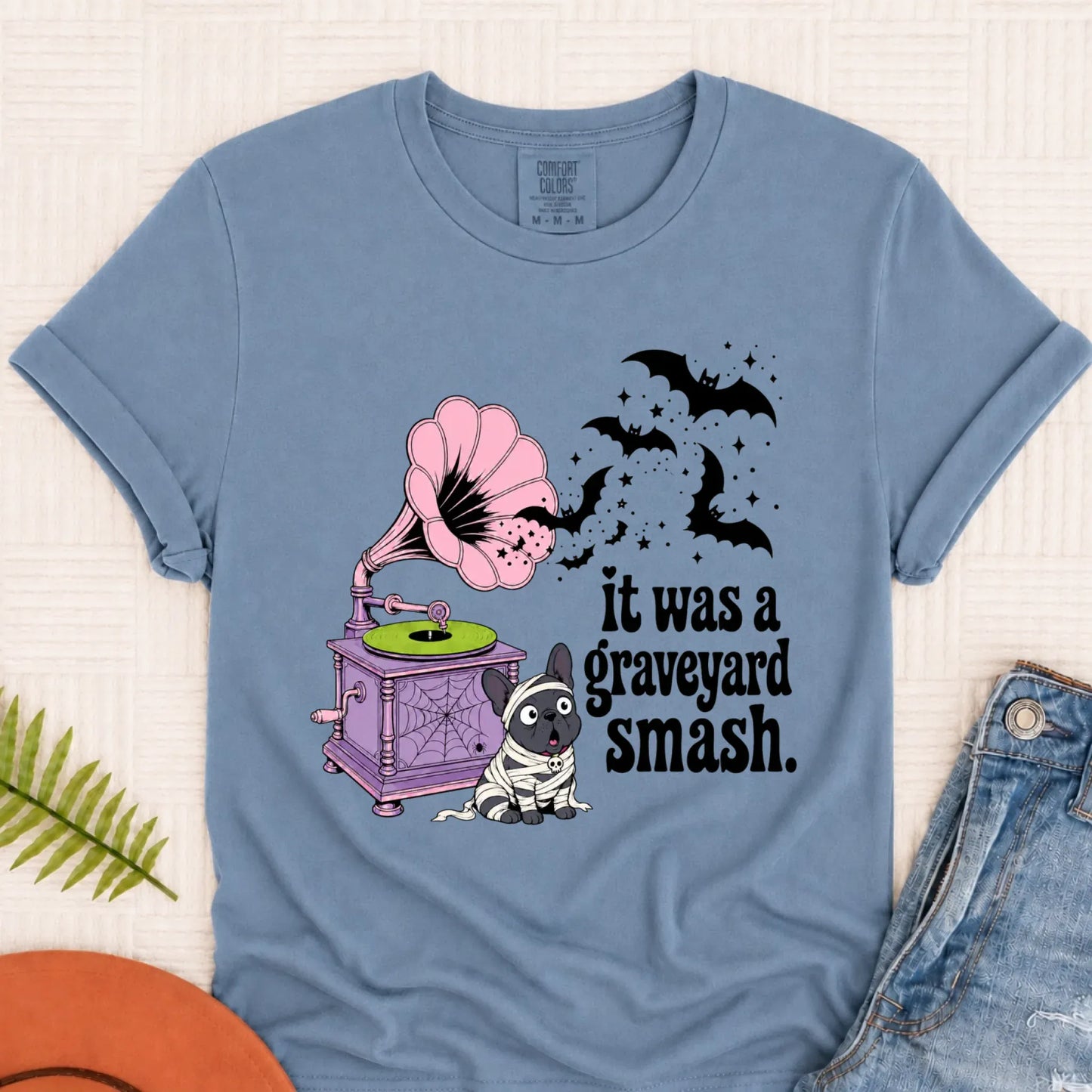 Custom Frenchie Halloween Graveyard Smash Unisex Tshirt Blue Jean