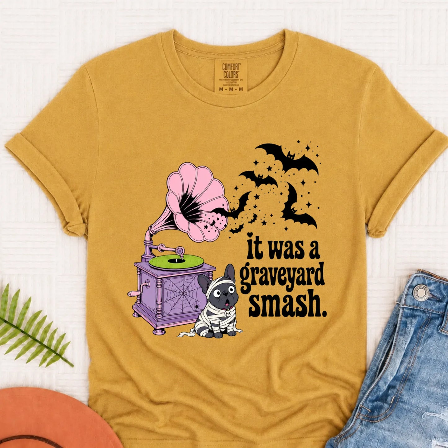 Custom Frenchie Halloween Graveyard Smash Unisex Tshirt Mustard
