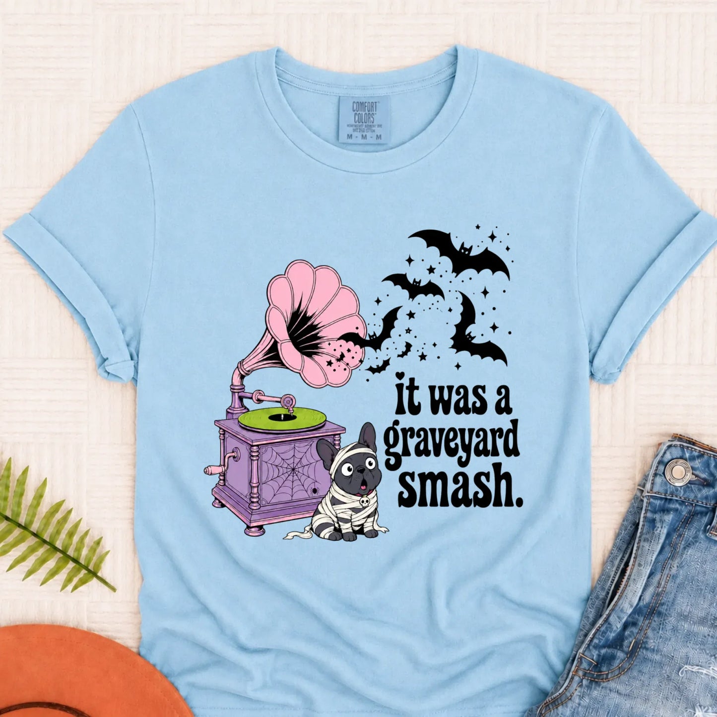 Custom Frenchie Halloween Graveyard Smash Unisex Tshirt Chambray
