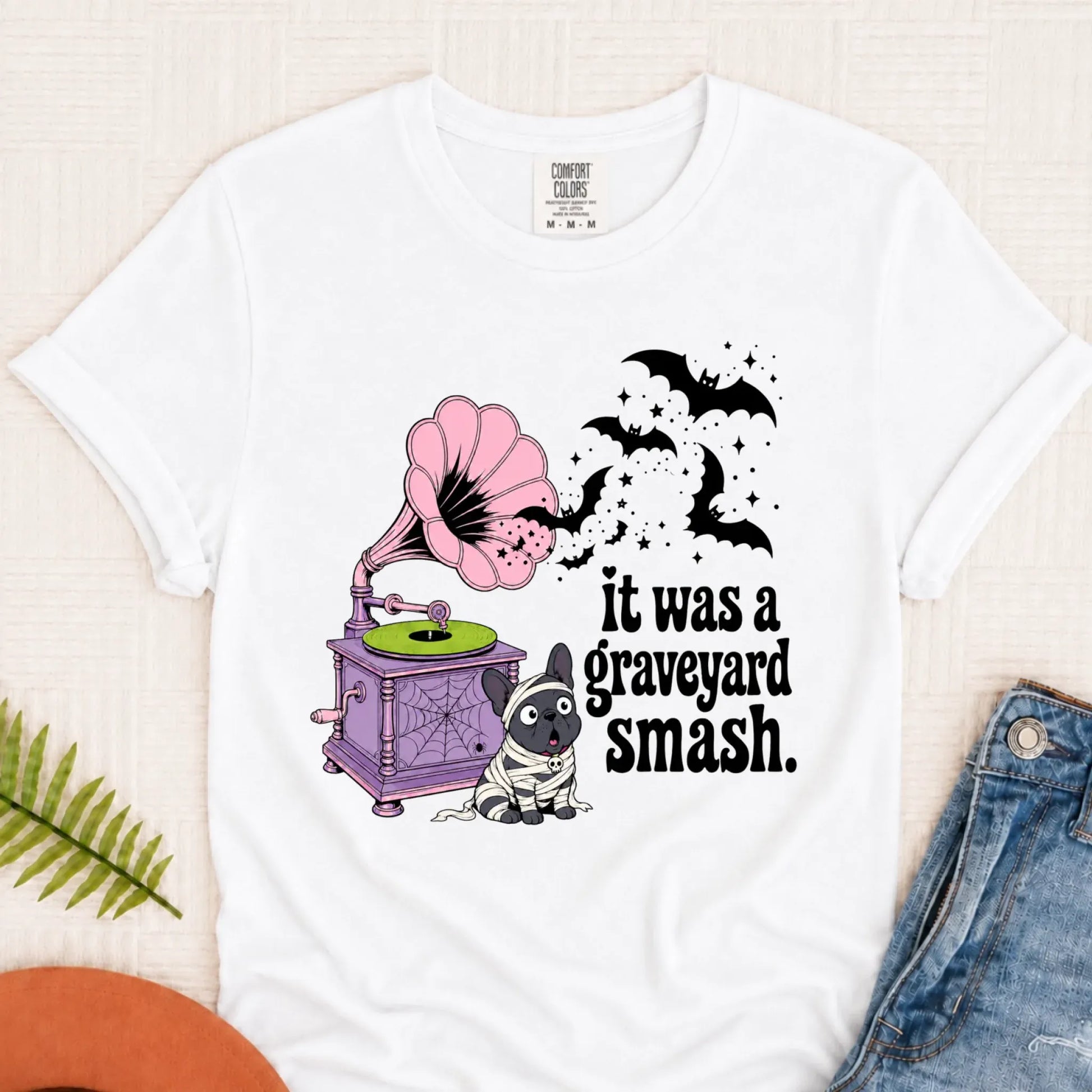 Custom Frenchie Halloween Graveyard Smash Unisex Tshirt White
