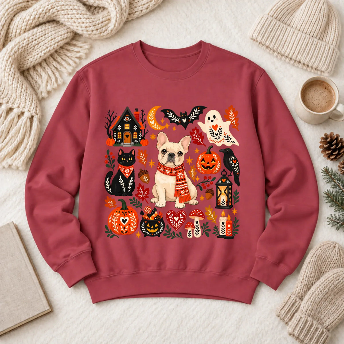 Custom Frenchie Halloween Scandinavian Unisex Sweatshirt Crimson