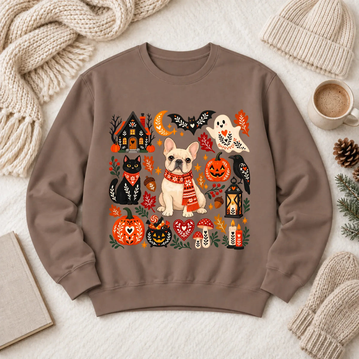 Custom Frenchie Halloween Scandinavian Unisex Sweatshirt Espresso
