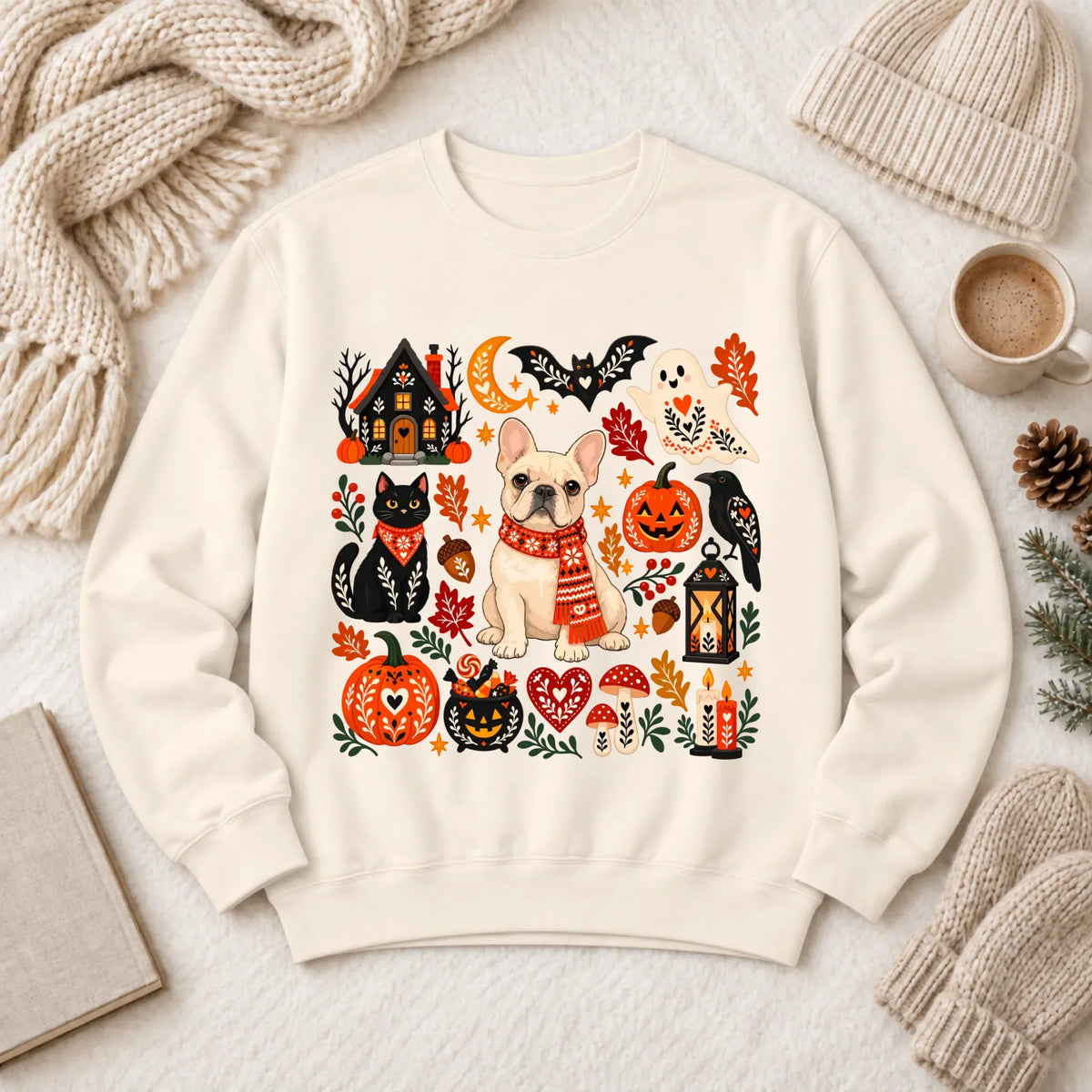 Custom Frenchie Halloween Scandinavian Unisex Sweatshirt Ivory
