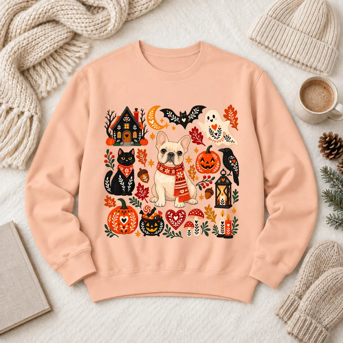 Custom Frenchie Halloween Scandinavian Unisex Sweatshirt Peachy