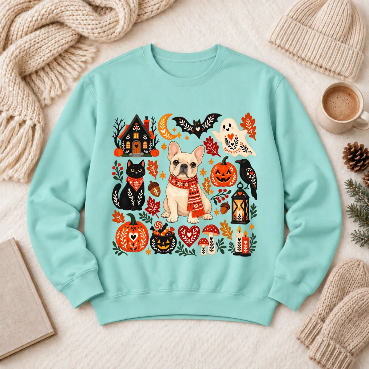 Custom Frenchie Halloween Scandinavian Unisex Sweatshirt Chalky Mint