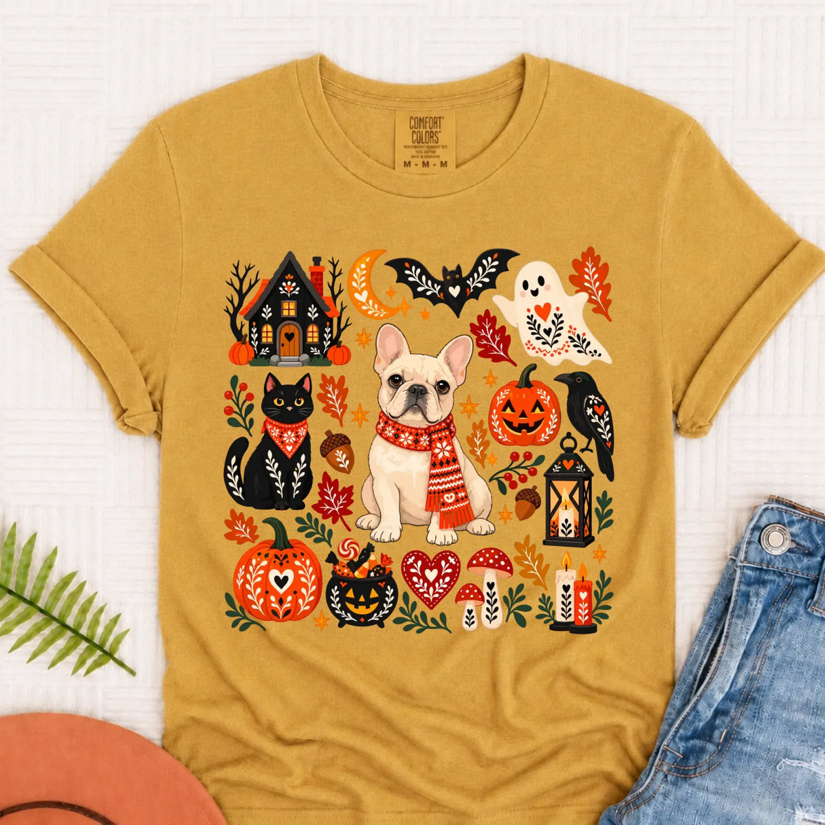 Custom Frenchie Halloween Scandinavian Unisex Tshirt Mustard