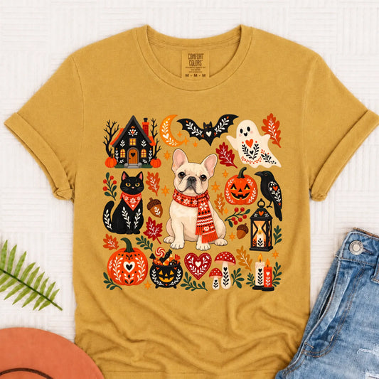 Custom Frenchie Halloween Scandinavian Unisex Tshirt Mustard