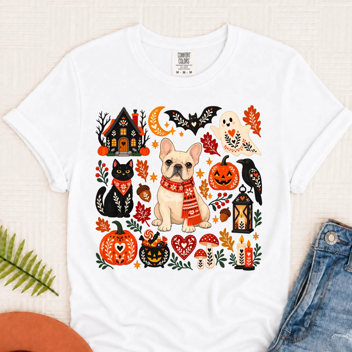 Custom Frenchie Halloween Scandinavian Unisex Tshirt White