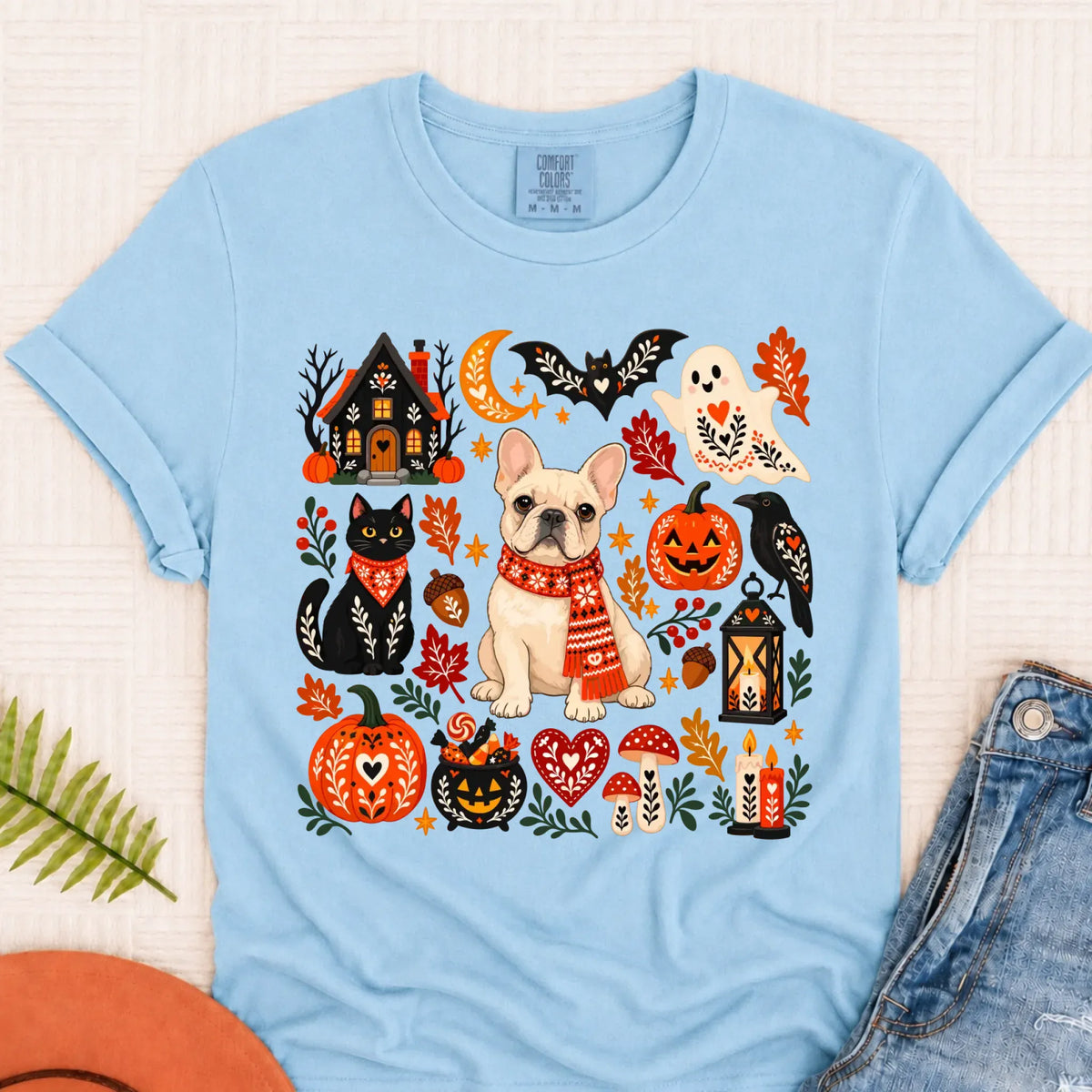 Custom Frenchie Halloween Scandinavian Unisex Tshirt Chambray
