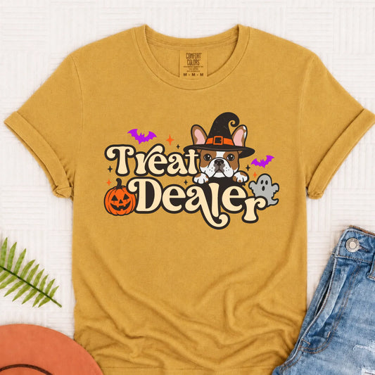 Custom Frenchie Halloween Treat Dealer Unisex Tshirt Mustard