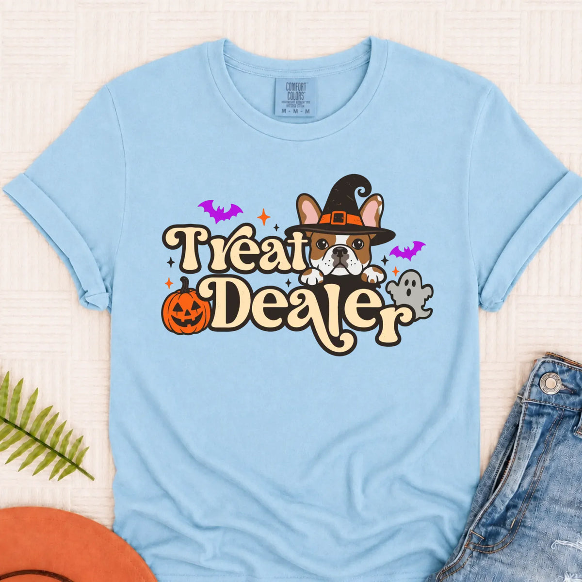 Custom Frenchie Halloween Treat Dealer Unisex Tshirt Chambray