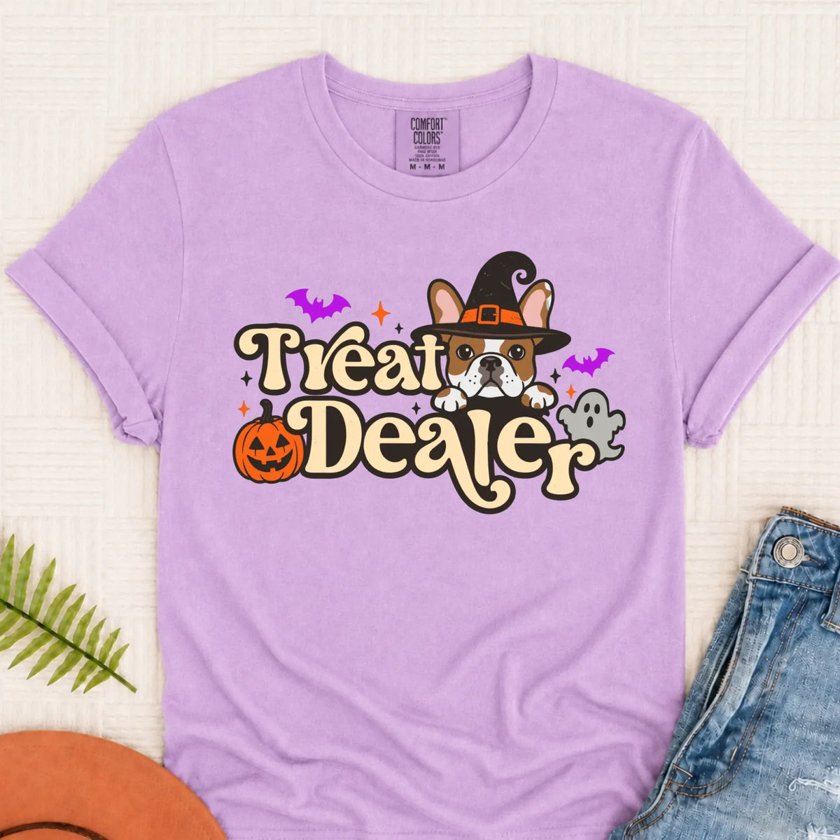 Custom Frenchie Halloween Treat Dealer Unisex Tshirt Orchid