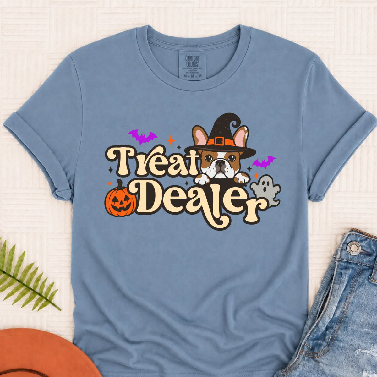 Custom Frenchie Halloween Treat Dealer Unisex Tshirt Blue Jean