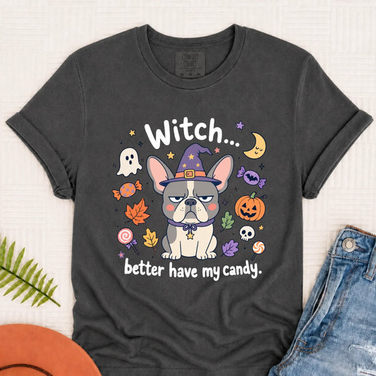 Custom Frenchie Halloween Witch Candy Unisex Tshirt Pepper