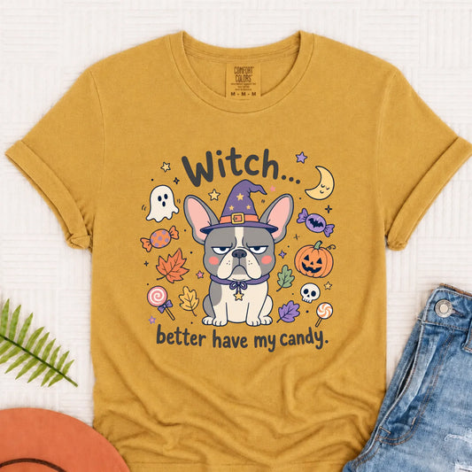 Custom Frenchie Halloween Witch Candy Unisex Tshirt Mustard