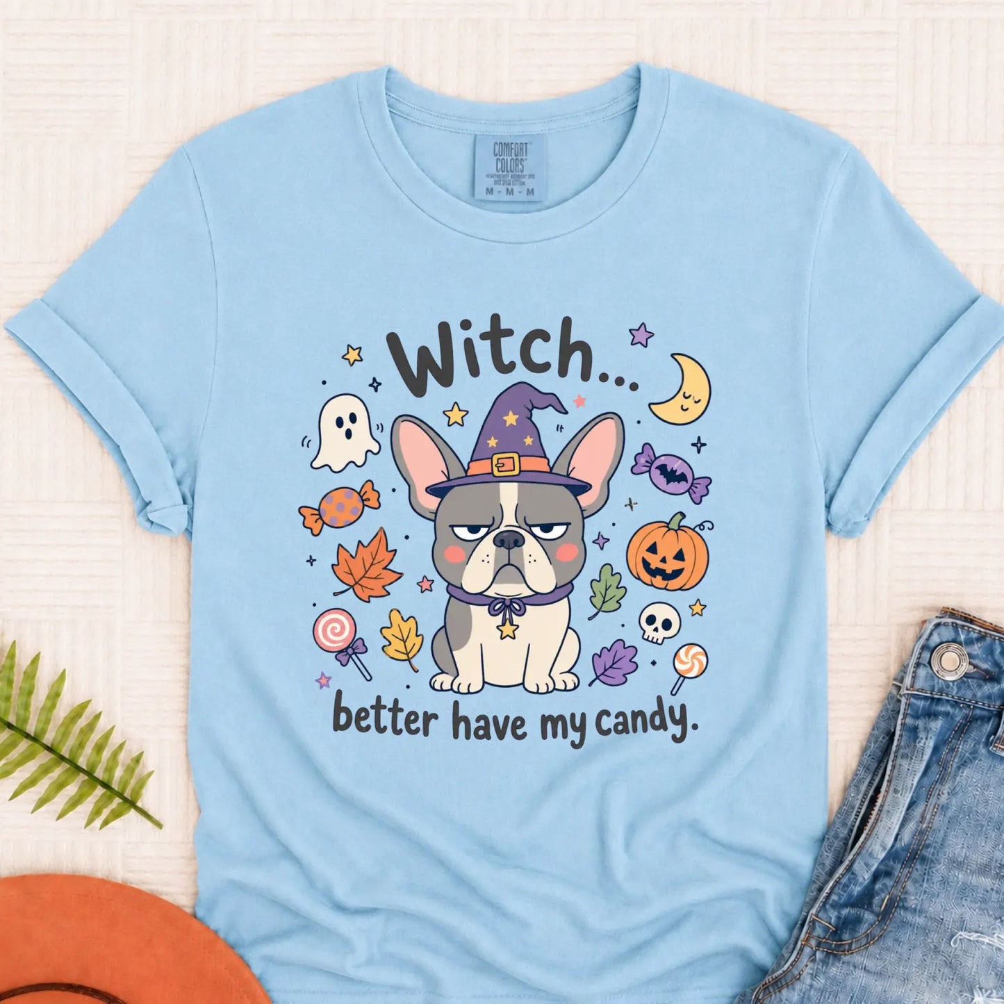 Custom Frenchie Halloween Witch Candy Unisex Tshirt Chambray