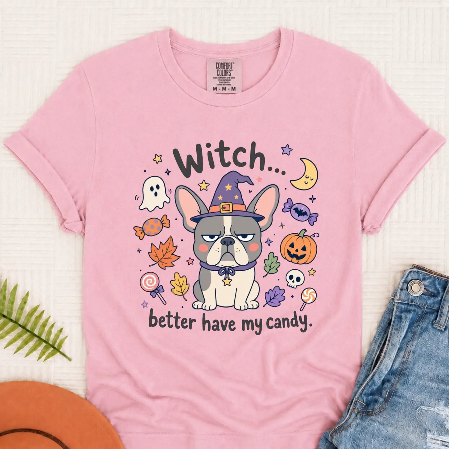 Custom Frenchie Halloween Witch Candy Unisex Tshirt Blossom