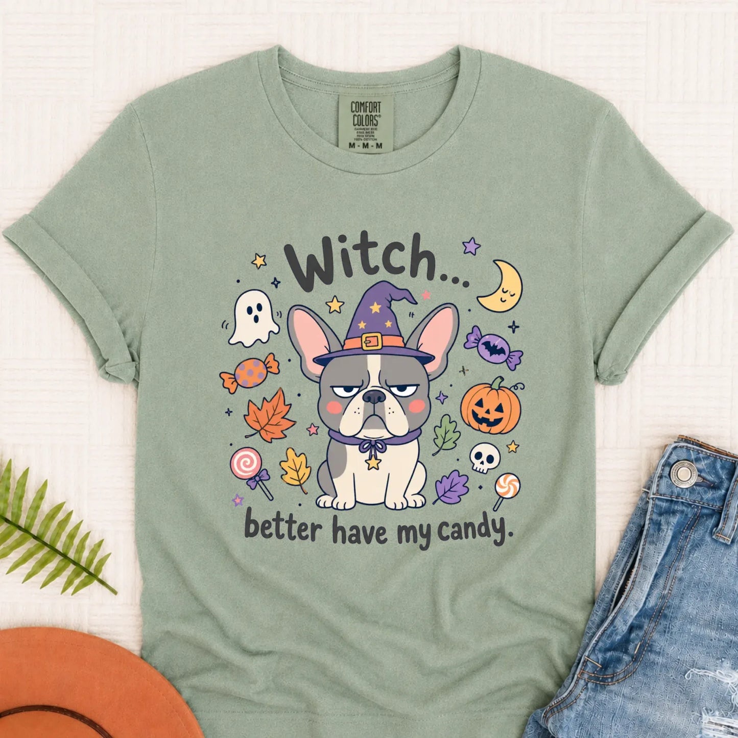 Custom Frenchie Halloween Witch Candy Unisex Tshirt Bay