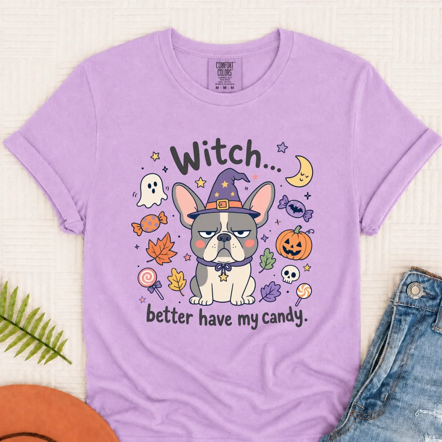 Custom Frenchie Halloween Witch Candy Unisex Tshirt Orchid