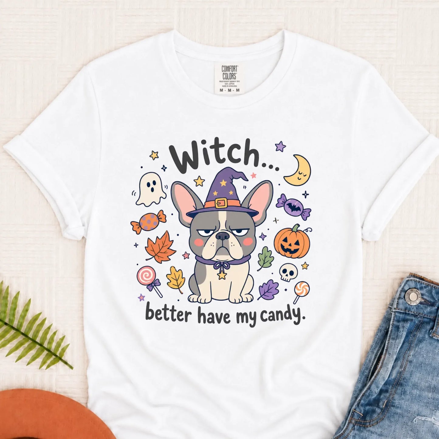 Custom Frenchie Halloween Witch Candy Unisex Tshirt White