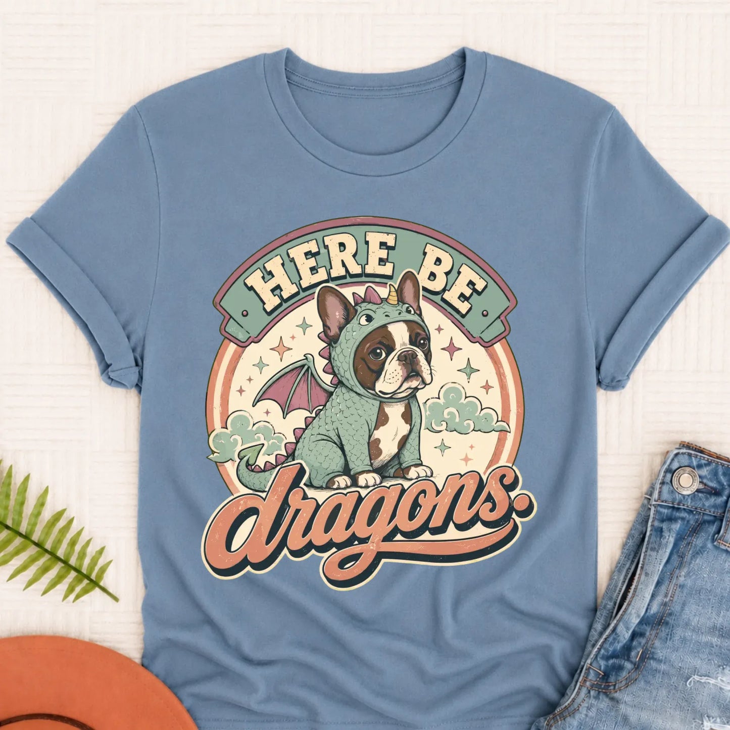 Custom Frenchie Here Be Dragons Unisex TShirt Blue Jean