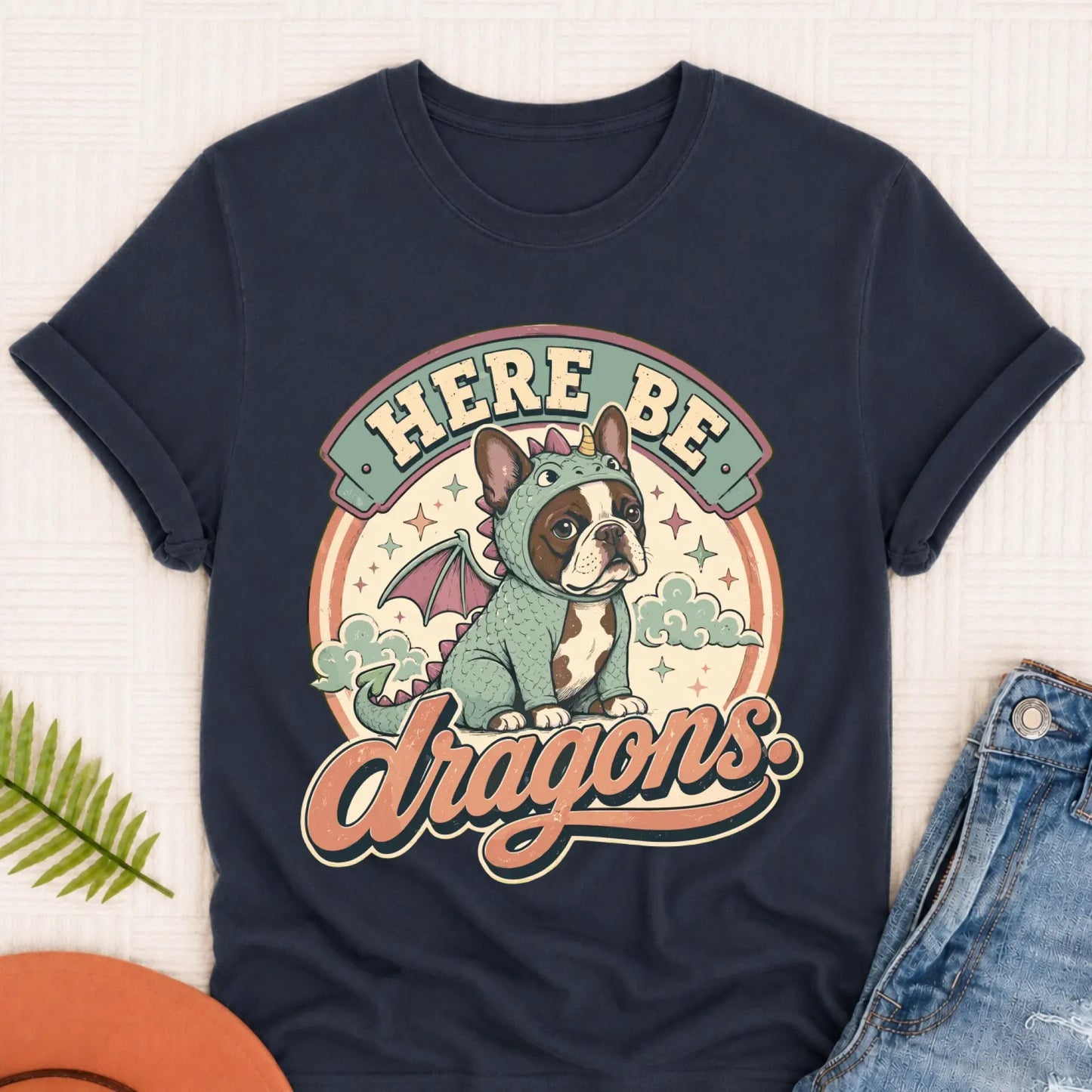 Custom Frenchie Here Be Dragons Unisex TShirt Navy