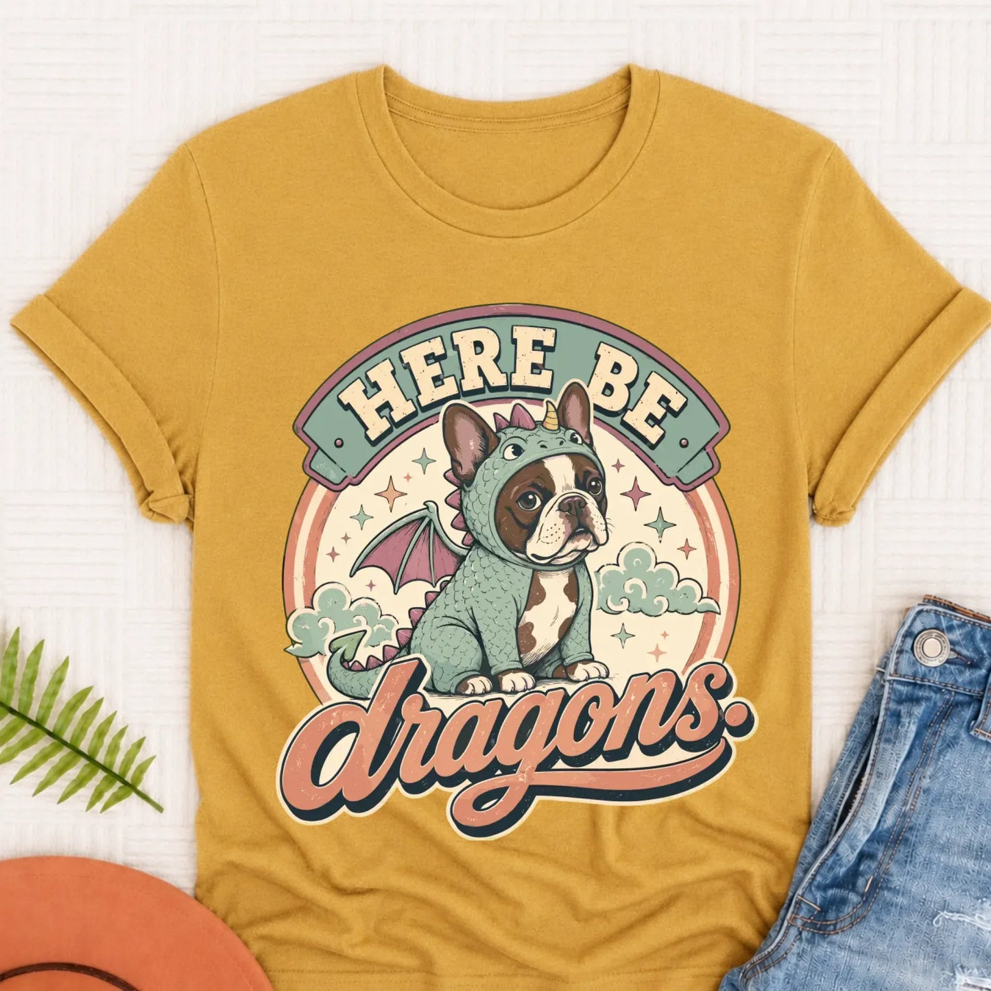 Custom Frenchie Here Be Dragons Unisex TShirt Mustard