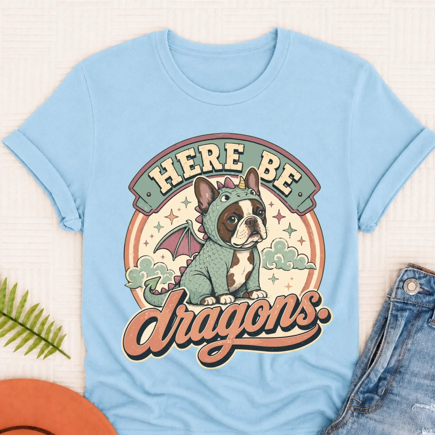 Custom Frenchie Here Be Dragons Unisex TShirt Chambray