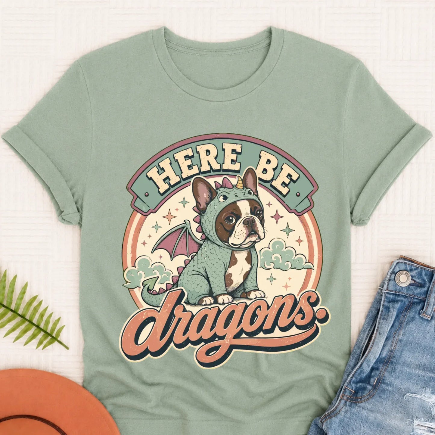 Custom Frenchie Here Be Dragons Unisex TShirt Bay