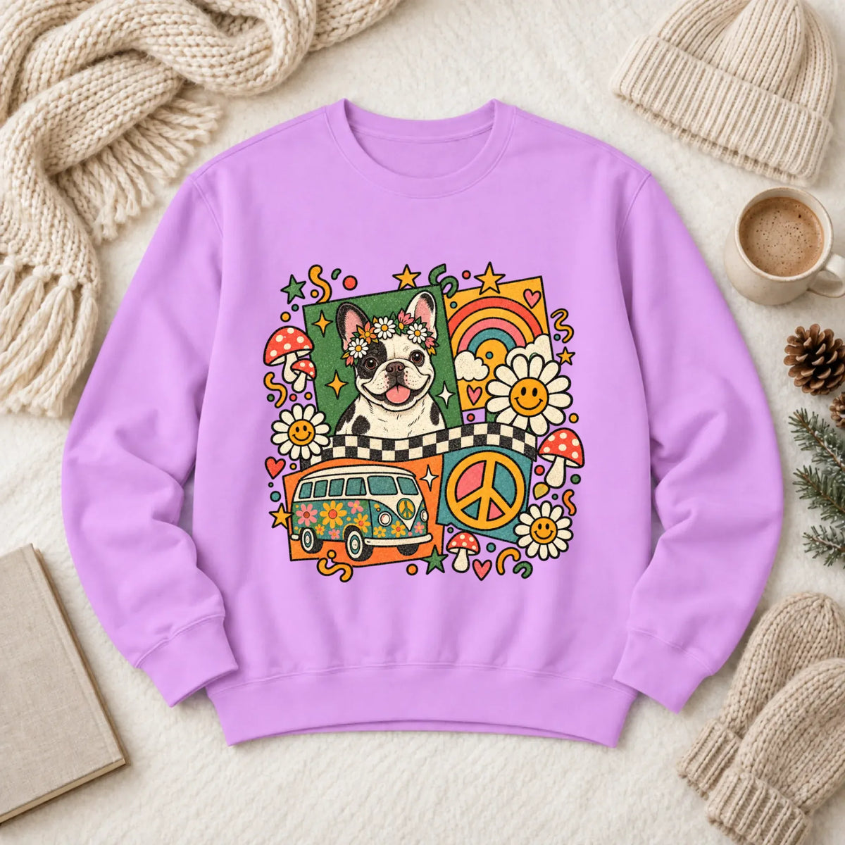 Sweatshirt Neon Violet / S Custom Frenchie Hippie Mushrooms Unisex Mushrooms