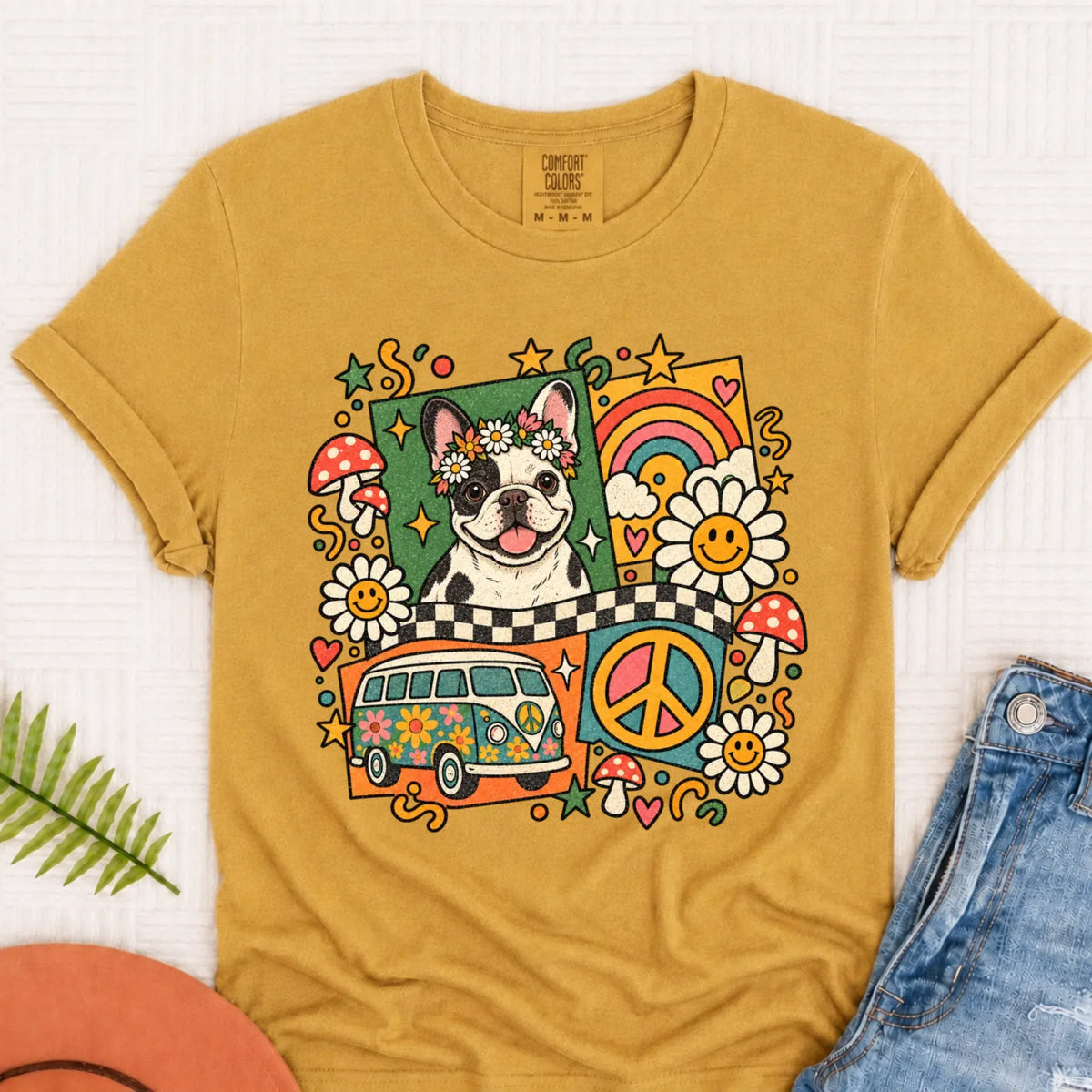 T-Shirt Mustard / S Custom Frenchie Hippie Mushrooms Unisex Tshirt