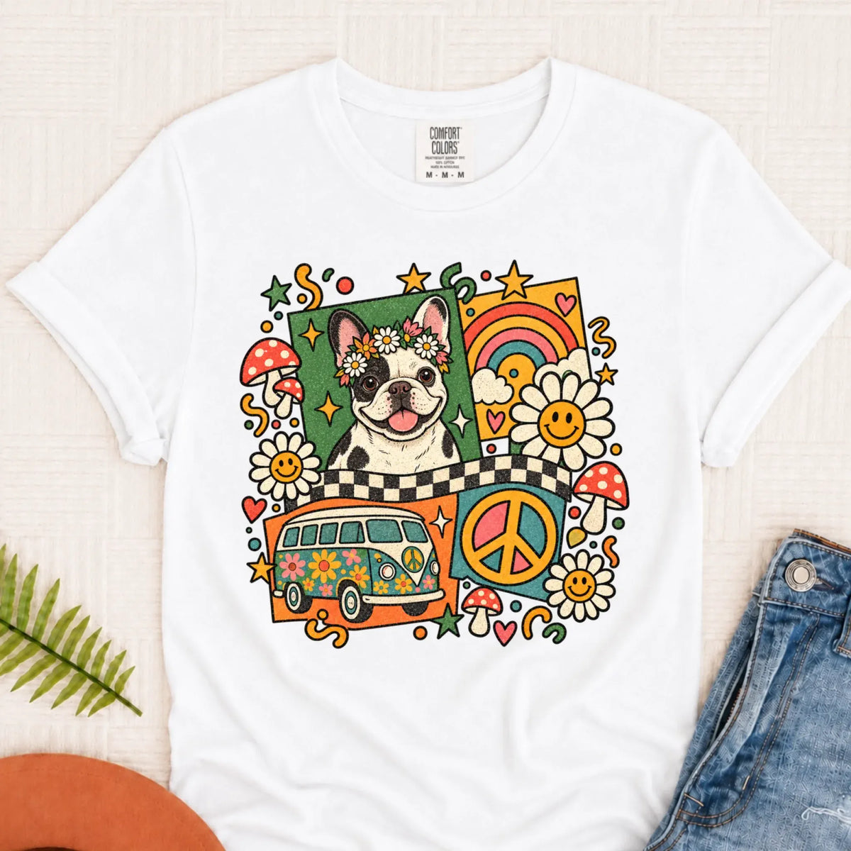T-Shirt White / S Custom Frenchie Hippie Mushrooms Unisex Tshirt