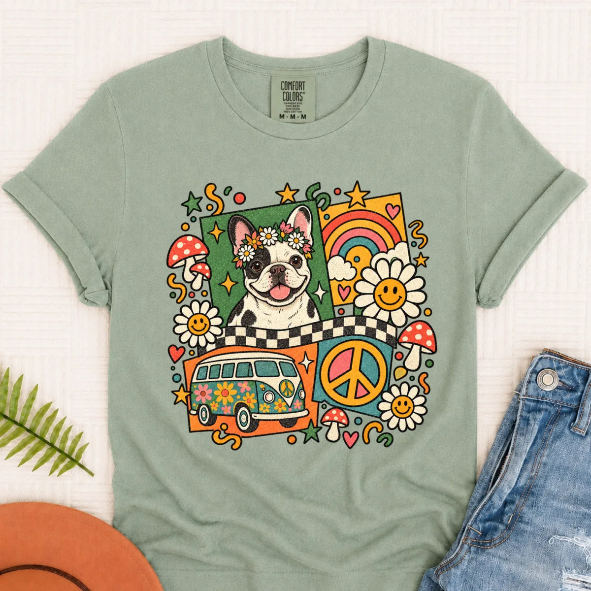 T-Shirt Bay / S Custom Frenchie Hippie Mushrooms Unisex Tshirt