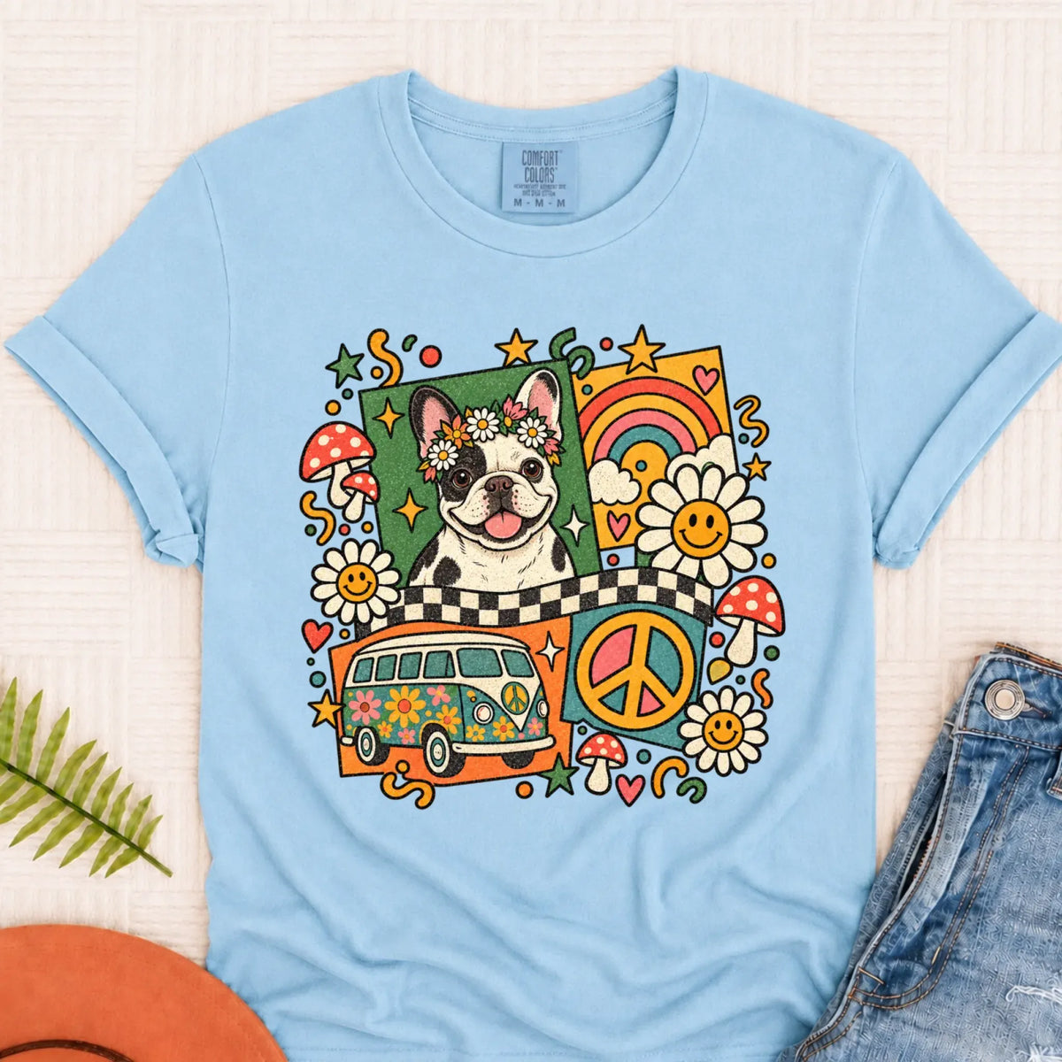 T-Shirt Chambray / S Custom Frenchie Hippie Mushrooms Unisex Tshirt